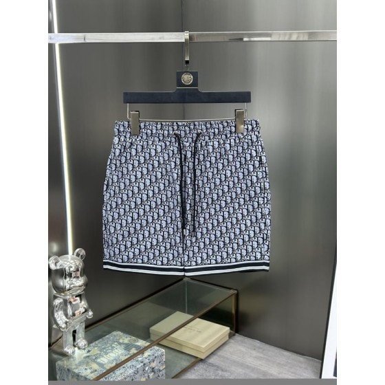 Dior Blue Oblique Print Swim Shorts with Logo Stripe